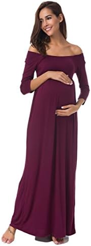 Pinkydot Pregnant Women's 3/4 Sleeve Off the Shoulder Empire Line Maternity Stretch Maxi Dress for Party and Baby Shower