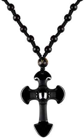 Men Women Obsidian Cross Pendant Necklace Prayer Beads Reiki Yoga Balance Necklace Gemstone Necklace
