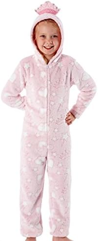 Girls Princess Pink and White Hearts and Stars Soft 260GSM Jaquard Fleece Crown Hooded Onesie Lounge Suit Pyjammas Size Age 7-8