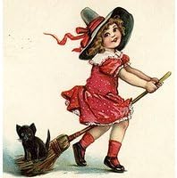 Retro Vintage Girl Halloween Witch Ha Pet Black Cat Kitten Riding Broom Cute Funny  Pillow Cover 18 X 18 Inches