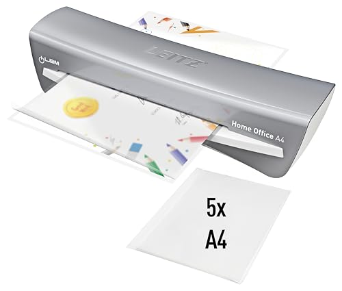 Leitz iLAM A4 Laminiergerät, sehr kurze Aufwärmzeit von 2 Min, 75-125 mic, Smart LED Status, Anti-Stau, Auto-Abschaltung, inkl. 5x A4-Laminierfolien,für Home Office und Büro,Silber und Weiß,73680089