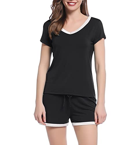 Joyaria Womens Short Sleeve Pajamas Bamboo Viscose Pj Shorts Set Soft Lightweight Cooling Sleepwear(Black,S) at Amazon