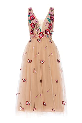 Swing Fashion Midikleid Damen | Elegantes Kleid | Festliches Kleid | Partykleid | Abendkleid | Hochzeitskleider | Abschlussballkleid | Ballkleid | V-Ausschnitt | Ärmellos | Beige | 40 (L)