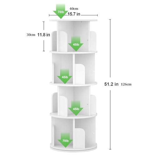 White Rotating Bookshelf, 360 Display Spinning Standing Bookcase Storage Rack, Wood Narrow Corner Book Shelf Organizer for Bedroom, Living Room, 4 Tier 40 * 40 * 126cm
