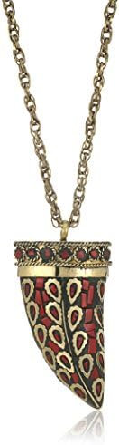 Turkish Delight Jewelry Mosaic Horn Pendant Necklace, Red Simulated Coral Chips, Gold Color Metal Alloy Chain, 30"