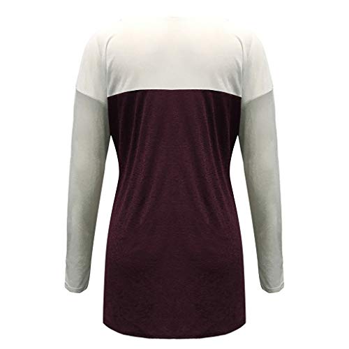 Women's Leopard/Sequin Pocket Autumn Tops Long Sleeves O Neck T Shirt Casual Basic Tees Wine