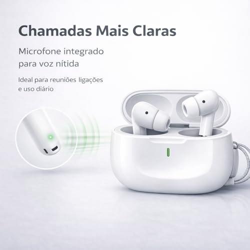 Fone de Ouvido Bluetooth 5.4 TWS Branco Sem Fio com Microfone, Controle Touch, Intra Auricular com Redução de Ruído, Estojo USB-C, Até 16h, Android e iPhone
