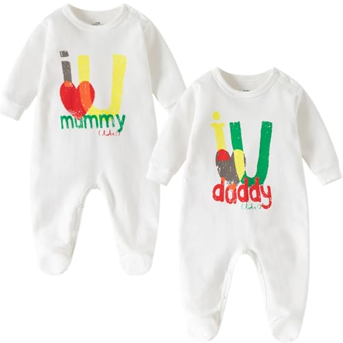 aomomo Unisex Baby Footie Pajama, Pack of 2 I Love Daddy and Mummy Print Long Sleeve Footie Sleepwear