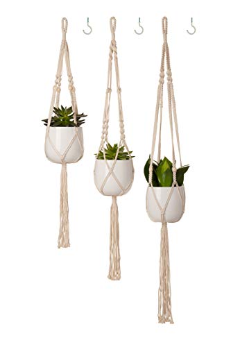 Macralore 3 Pack Handmade Premium Macrame Plant Hanger and 3 Pcs Hooks Indoor Outdoor Hanging Plant Holder Hanging Planter Stand