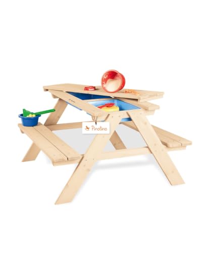 PINOLINO Matsch-Nicki 4er Kindersitzgruppe aus Massivholz I Matschküche & Wasserspieltisch für Garten & Outdoor I Spieltisch mit 2 Wannen für Kinder a