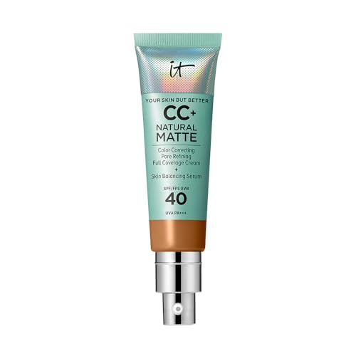 IT Cosmetics Full Coverage Foundation, Natural Matte, Made with Hyaluronic Acid, SPF 40 Protection, Your Skin But Better CC+, Shade: Rich Honey, 32ml