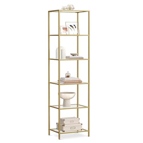 VASAGLE 6 Tier Glass Shelf Bookcase Storage Cabinet Thin Steel Frame for Bathroom Living Room Office Bedroom Gold LGT500A01