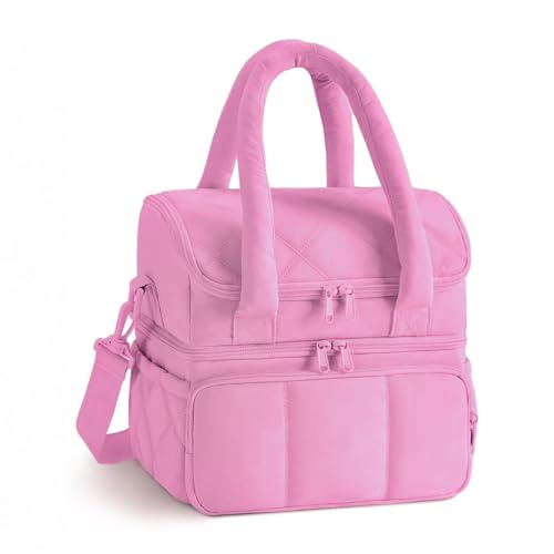 Insulated Lunch Bag for Men Women Kids, Large Reusable Double Layer Lunchbox Cooler Bag with Adjustable Strap, Leakproof Thermal Food Storage Tote for Work, School, Picnic, Travel - Pink