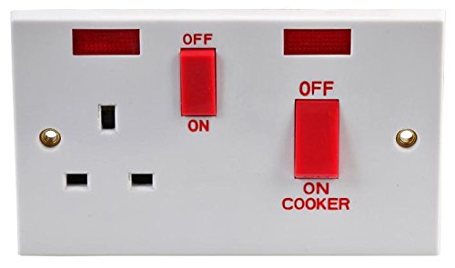 PRO ELEC 45A Double Pole Cooker Control Switch with 13A Socket & Neon Indicator – White Moulded, 2-Gang, BS EN 60669-1