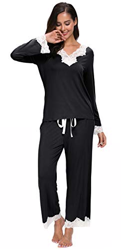 Jusfitsu Womens Cotton Pajamas Set Long Sleeve Top Shirt with Pants Sleepwear Modal Soft Loungewear Lace Black XL - Thumbnail 3