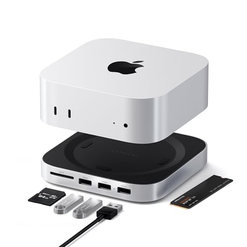 Satechi Mac Mini M4 Hub & Stand with NVMe SSD Enclosure, Dock with 2 USB-A Up to 10Gbps Ports, USB-A Data Port, SD Card Reader for Mac Mini M4, M4 Pro, Optimized Self-Cooling - Silver