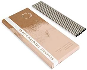 Reusable Metal Stainless Steel Wide Smoothie Straws | Pack of 5 Extra Wide & Straight Straw Set + BONUS Cleaning Brush & Smoothie Recipes Ebook