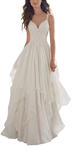 MythLove Women's A-Line V-Neck Strap Layer Chiffon Lace Appliques Bodice Simple Beach Wedding Dress Lvory 6