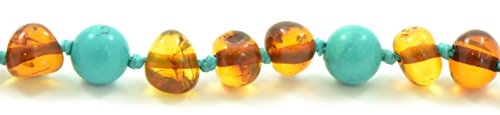 Baltic Amber Teething Bracelet / Anklet {0056} Mixed with Turquoise Beads - 5.5 inches - Amber Jewelry - Hand-Made from Natural Baltic Amber Beads (5.5 inches (14 cm), Cognac / Turquoise (Green))
