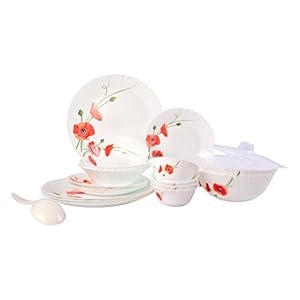 Larah by BOROSIL Red Carnation Opalware Glass Dinner Set (White) – 25 Pieces