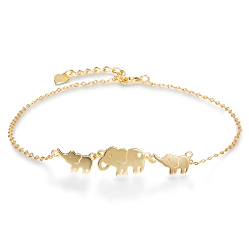 DS S925 Sterling Silver Anklet for Women 14K Gold Plated Beach Dainty Cute Tiny Adjustable Elephant Anklets for Girls Extremely Simple Style Jewelry Gifts for Mom Wife girlfriend