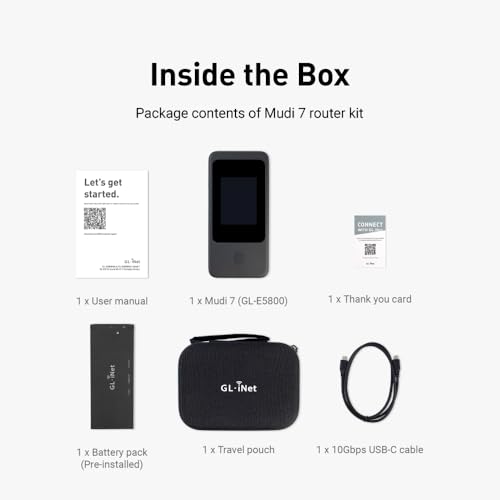 GL.iNet MUDI 7 (GL-E5800) Wi-Fi 7 5G Travel Router with eSIM & Dual SIM, 2.8" Touchscreen, Tri-Band up to 5.76 Gbps, 2.5G Ethernet, 700Mbps VPN, 13.5h Battery — Mobile Hotspot for Travel, Livestream