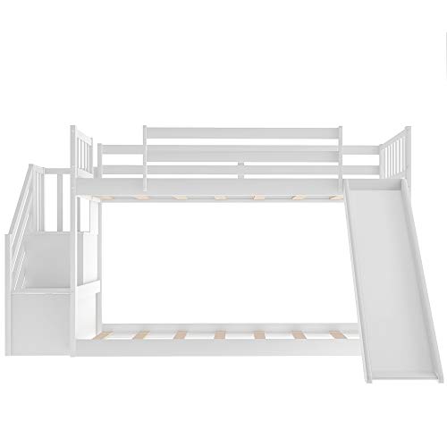 KLMM Solid Wood Low Bunk Bed for Kids, Twin Over Twin Floor Bunk Bed
