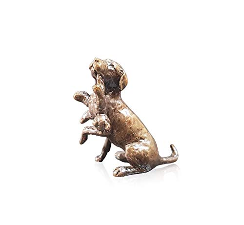 2074 Labrador with Teddy Butler and Peach Solid Bronze Miniature Sculpture Figure - 3.5 x 2.5 x 1.5cm