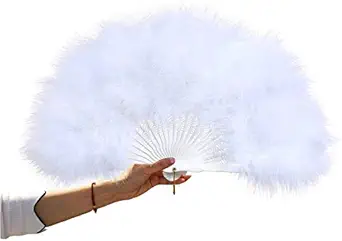 Yizhiwu Women White Feather Fan Dance Marabou Folding Fan