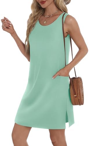 Amazon.com: Womens Sleeveless T Shirt Dress Summer Casual Sleeveless Crew  Neck Sundress Knee Length Loose Beach Sun Dress with Pockets Elegant Lounge  Loose Sundresses Relaxed Fit Flowy Womens Summer Dresses : Sports