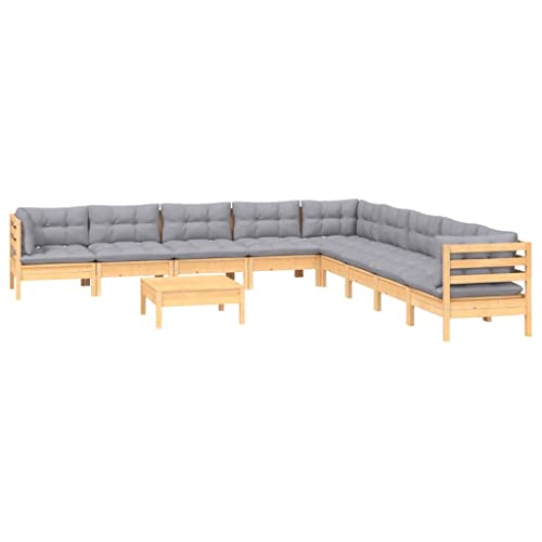 vidaXL Salon de Jardin 10 pcs avec Coussins Gris Bois de pin Massif