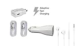 OEM Authentic Fast Adaptive Samsung Travel/Car Charger Combo+Two (2) 5 foot Micro USB 2.0 Data Charging Cables+OEM Headphones for Galaxy Note 4 5 S6 S6 Edge + S7 S7 Edge