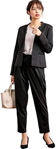 Nissen ニッセン パンツスーツ 長袖 レディーススーツ カラーレスジャケット ９分丈テーパードパンツ シャンブレーニットパンツスーツ 誕生日 お祝い