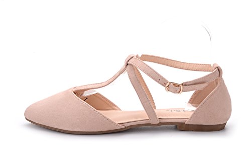 Mila Lady Laurel Womens Pointed Toe Ankle Strap T-Strap D'Orsay Dress Flats Shoes,NUDE6.5