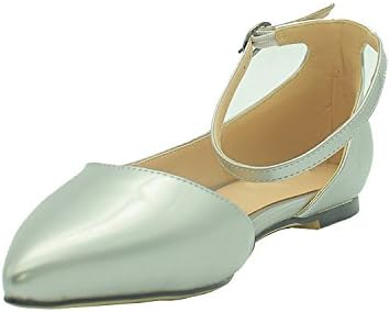 VASHOP Women's Marya D'orsay Pointy Toe Flats Ankle Strap Ballet Shoes,Silver/8.5