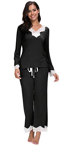 Jusfitsu Womens Cotton Pajamas Set Long Sleeve Top Shirt with Pants Sleepwear Modal Soft Loungewear Lace Black XL - Thumbnail 2