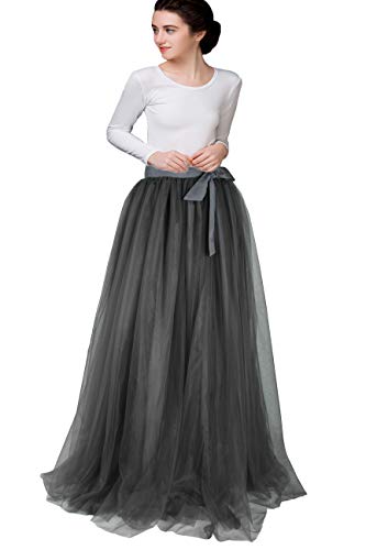 Women Wedding Long Tulle Skirt Dress Bridal Bridesmaids Floor Length High Waisted Maxi Tutu Party Dress (Black, Medium)