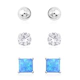 925 Sterling Silver Set of 3 Stud Solitaire Earrings Blue Opal Cubic Zirconia CZ Hypoallergenic