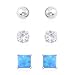 925 Sterling Silver Set of 3 Stud Solitaire Earrings Blue Opal Cubic Zirconia CZ Hypoallergenic