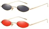 AOOFFIV Vintage Slender Oval Sunglasses Small Metal Frame Candy Colors (Gold-Gold, Red-Grey)