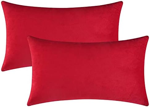 Rythome Set of 2 Comfortable Throw Pillow Covers for Bedding, Decorative Accent Cushion Sham Cases for Couch Sofa, Soft Solid Velvet with Zipper Hidden - 12"x20", Deep Red