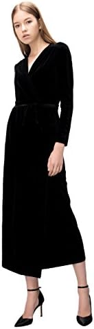 Simple Retro Womens Maxi Dress Velvet Belted V-neck Wrap Long Dresses, Small, Upgrade-black