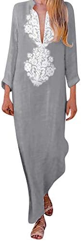 Women Boho Maxi Dress,Women’s Printed Long Sleeve V-Neck Maxi Dress Split Hem Baggy Kaftan Long Dress Party Loose Long Sleeve Cotton Viscose Dress