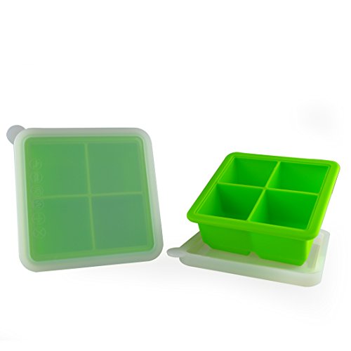 Mirenlife 2 Inch Large 100% Pure Food Grade Silicone Ice Cube Tray with Lid, LFGB/ FDA Certified Silicone Mold, Baby Food Storage, Pinch Test Passed, 4 Cube, Set of 2, Green