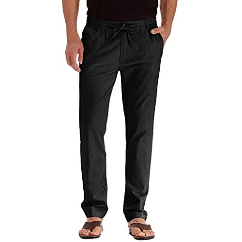 Men's Joggers Linen Breathable Loose Long Pants Solid Color Straight Trousers Black