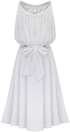 DAILISHA Women Halter Neck Sleeveless Waist Bow Tie Chiffon Midi Dresses (M, White)