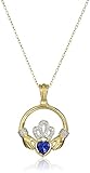 18k Yellow Gold and Rhodium Plated Sterling Silver Created Blue Sapphire Round Shaped Claddagh Pendant Necklace, 18