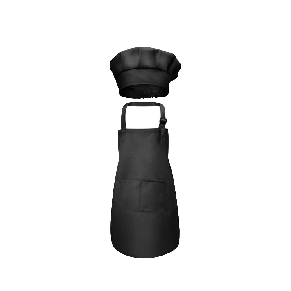 HugeDE 2 Pcs Kids Chef Apron Hat Children Cooking Apron Adjustable Baking Apron Child Painting Aprons Toddler Chef Dress up Outfit for Boys Girls Black