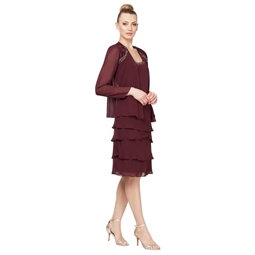 S.L. Fashions Women's Mother of The Bride Tiered Jacket Dress with Shoulder Emb…