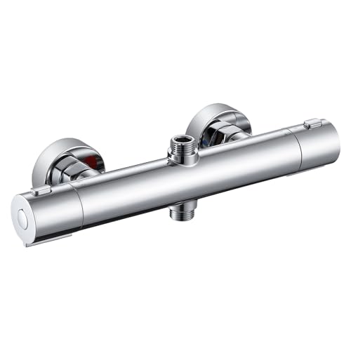 Auralum Round Thermostatic Shower Mixer Tap Zinc and Plastic Thermostatic Shower Column, Anti-Burning Cold Body, Anti-Limescale Shower Faucet, Precise Temperature Control 38°C